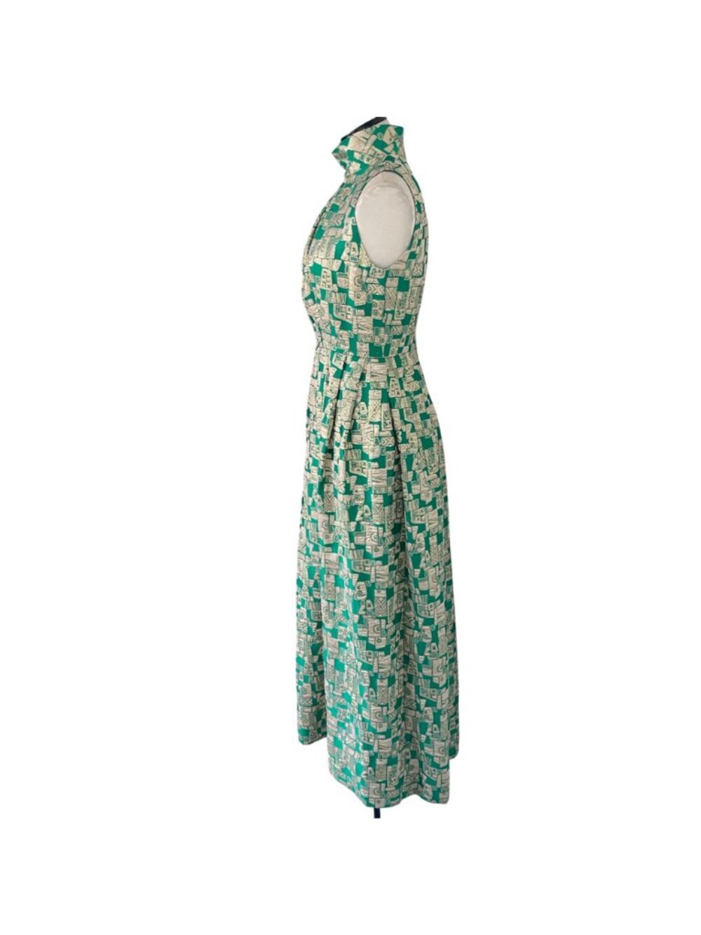 Vintage Womens Pleated Maxi Dress Size Small Green Gold Geometric Print Casual - Picture 2 of 16